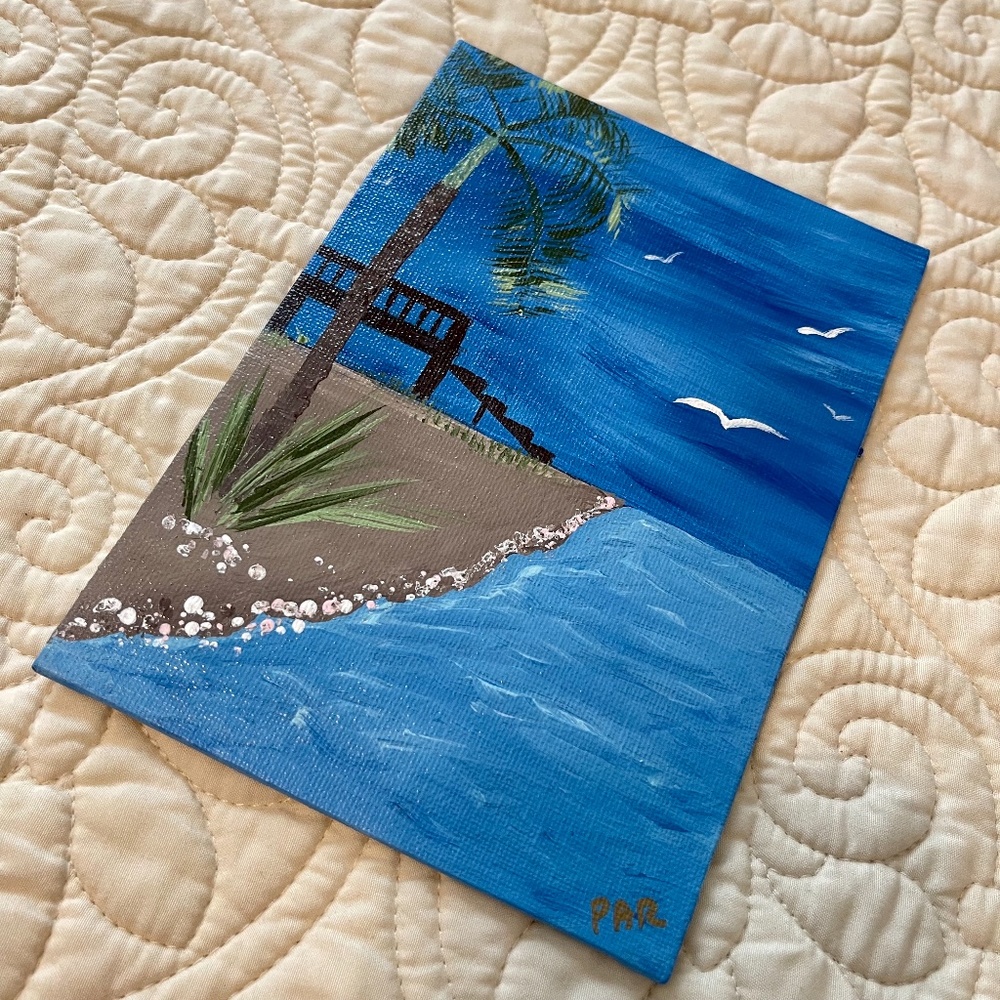 "Take Me To The Beach" 5x7 Acrylic Painting ~ Blue Sky with Palm Tree